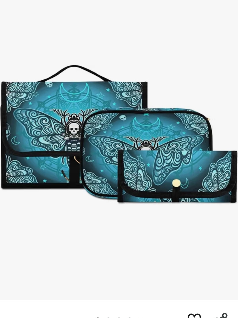 Teal Moth Skull Cosmetic Bag Set - Stylish Travel Organizers
